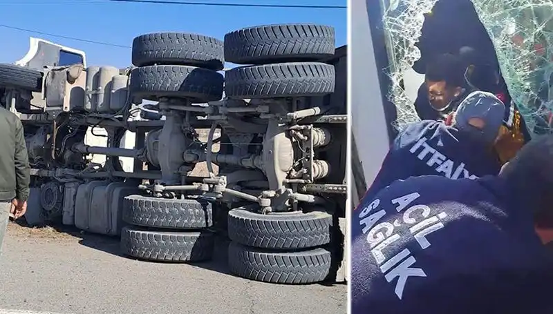 Virajda Kontrolü Kaybeden Kamyon Yolda Devrildi, Olay Yerinde Hareketli Dakikalar